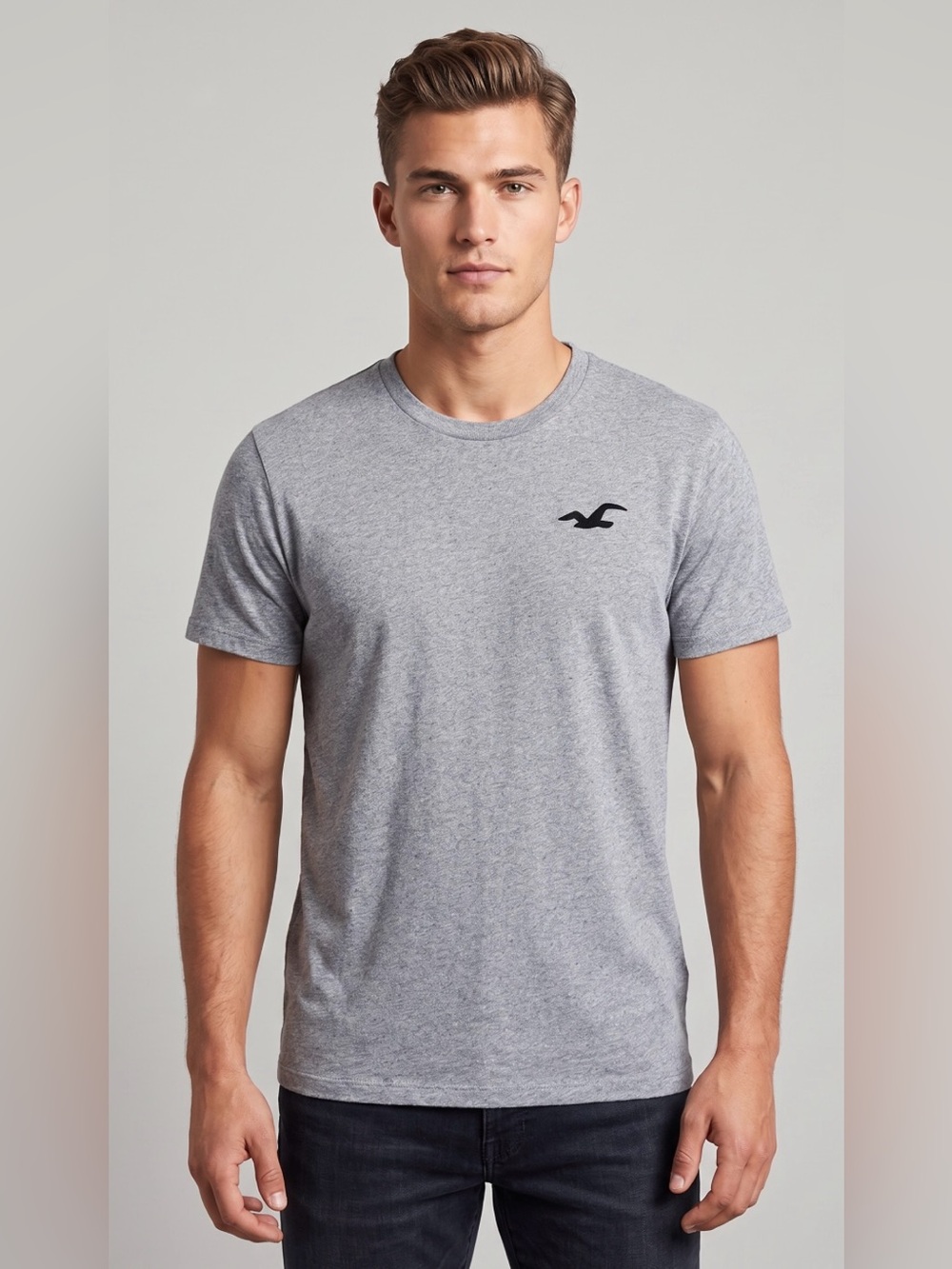 Hollister Men's Heather Grey Crew Neck Tee W/Black embroidered seagull Logo Sz L